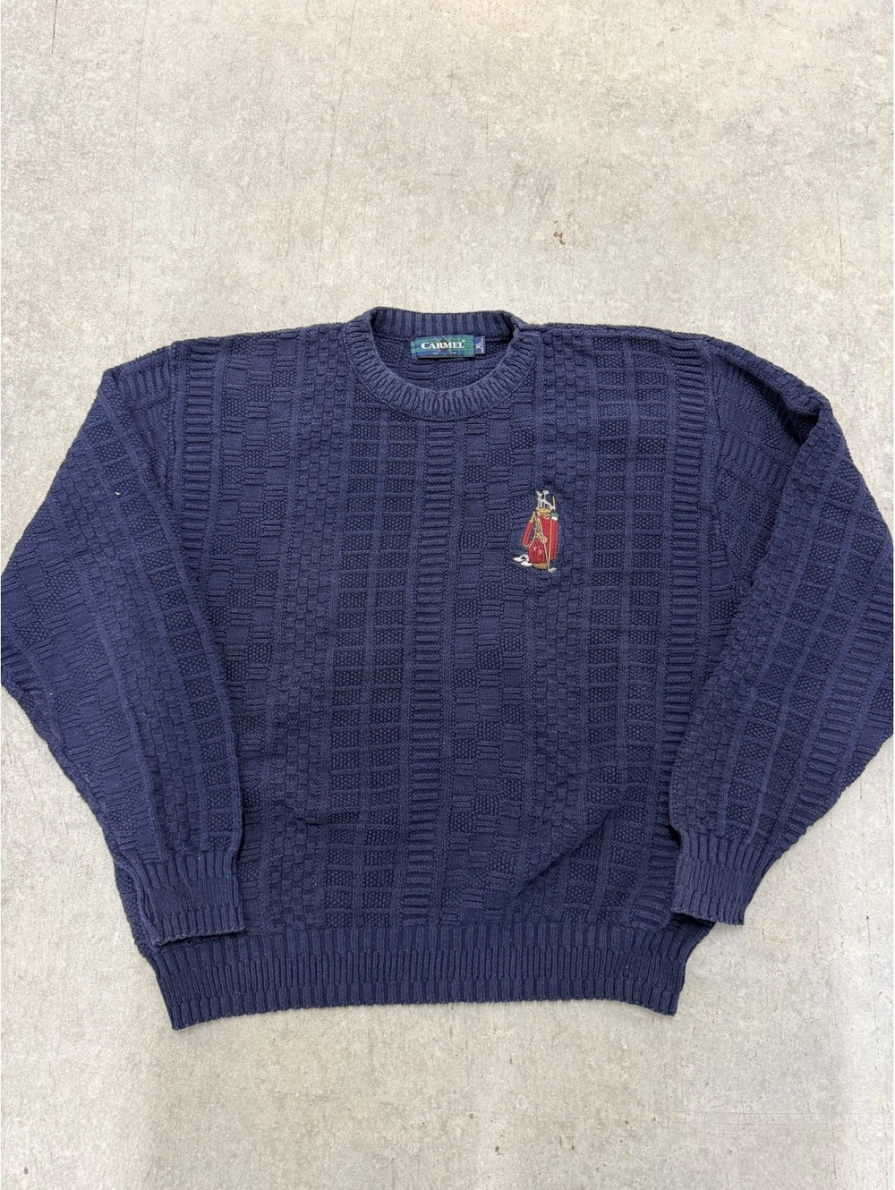 Vintage Golf Carmel Knit Crewneck Sweater Mens Navy Blue Textured Cable Knit